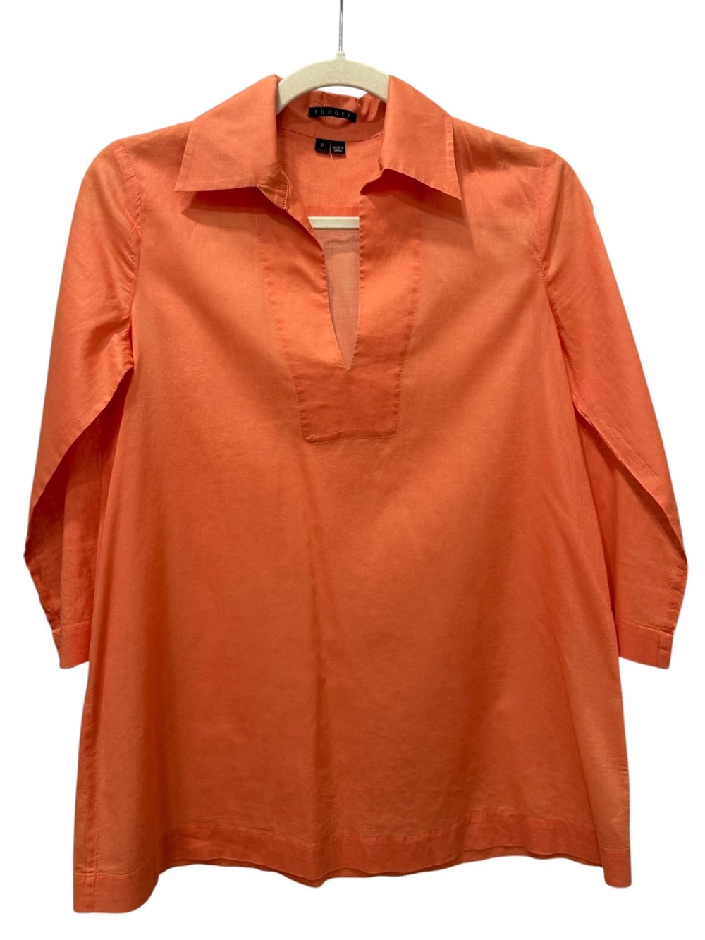 Theory Orange Cotton Popover Collared Tunic Blouse Sz Petite P